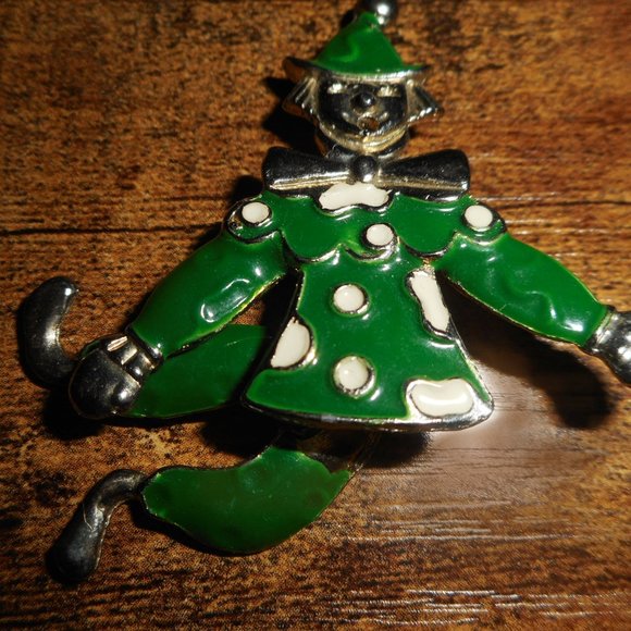 Articulated Clown Pin/Brooch, Green Enamel On Gold-Tone Metal, Dangling Legs - Picture 4 of 4